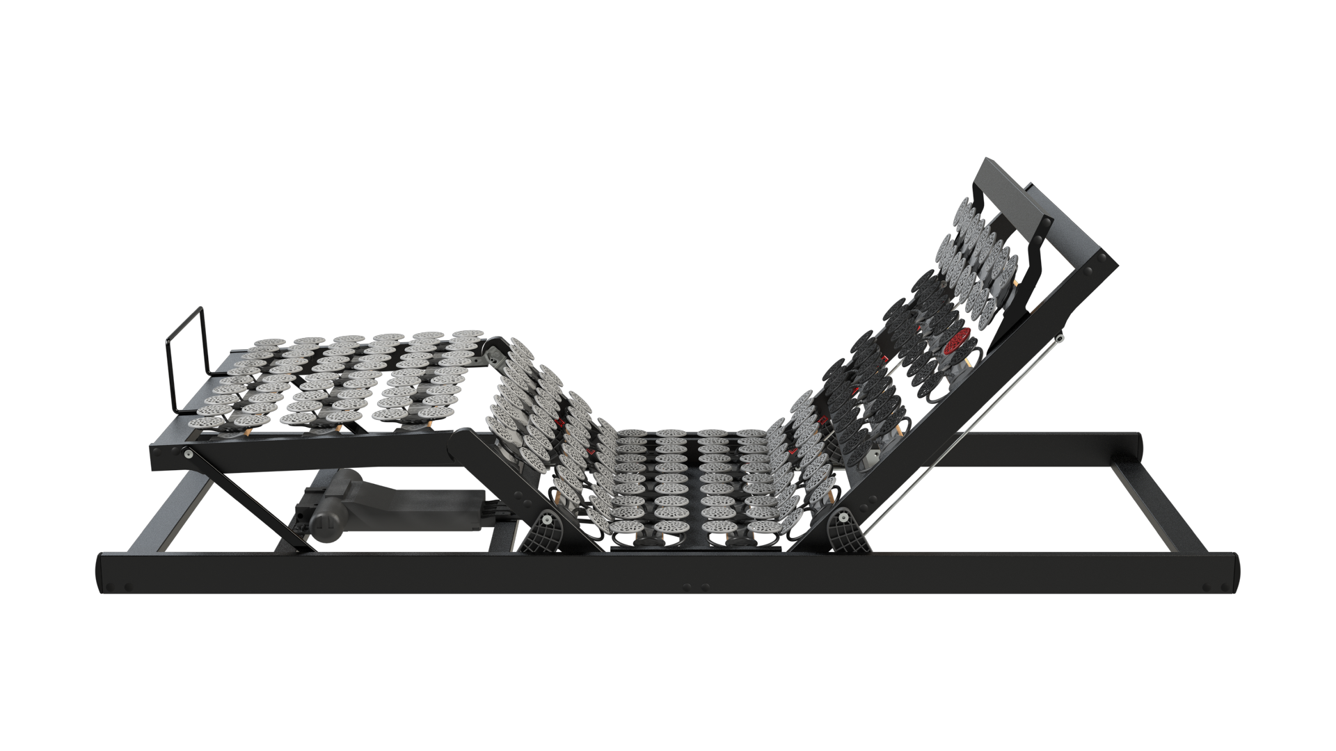 Verstellbares Bettgestell mit Gelenksegmenten. Schwarzes Metallgestell mit Lattenrost.