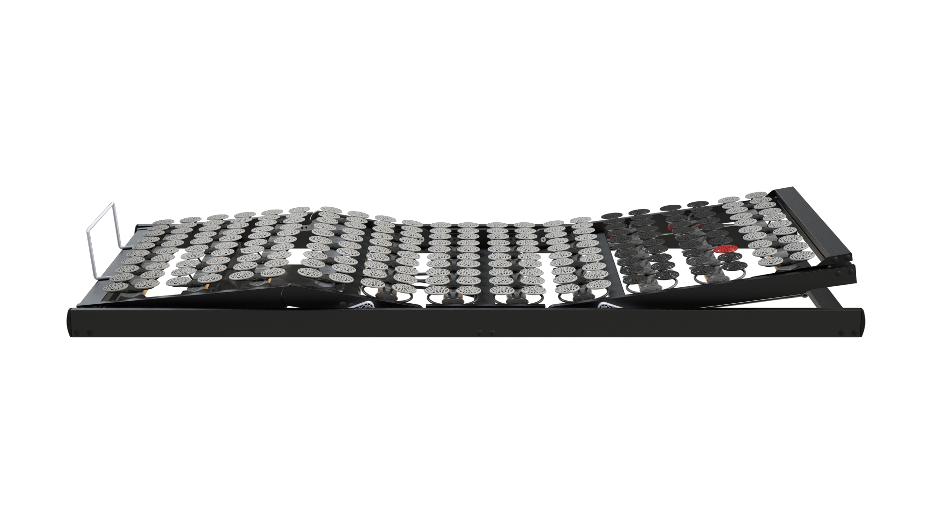 Schwarzer, verstellbarer Bettrahmen, schräg, mit zahlreichen Stützlatten.