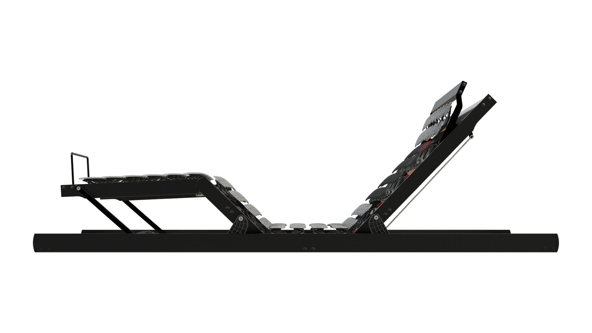 Schwarzes, verstellbares Bettgestell mit abgewinkeltem Kopf- und Fußteil.