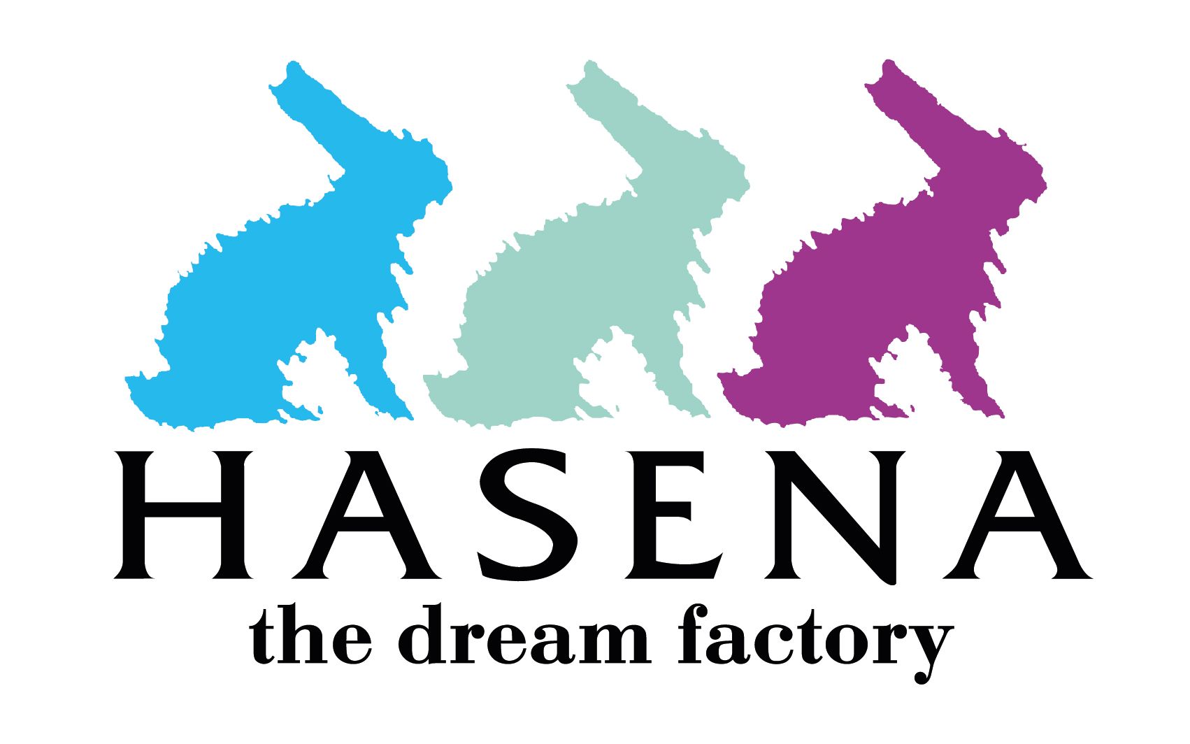 Drei bunte Hasensilhouetten über dem Text „HASENA the dream factory“.