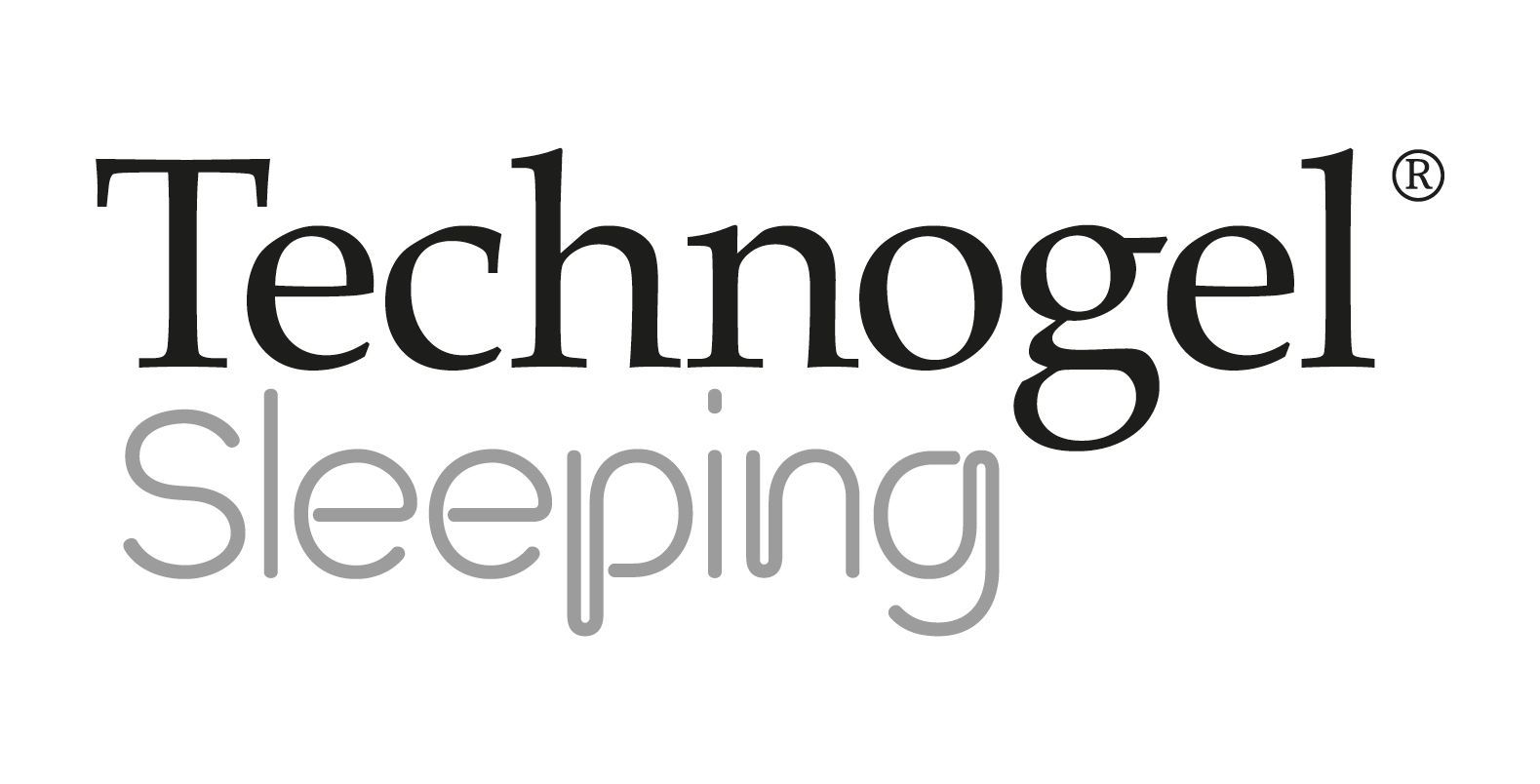 Technogel Sleeping Logo: schwarzer Schriftzug „Technogel“ und grauer Schriftzug „Sleeping“.