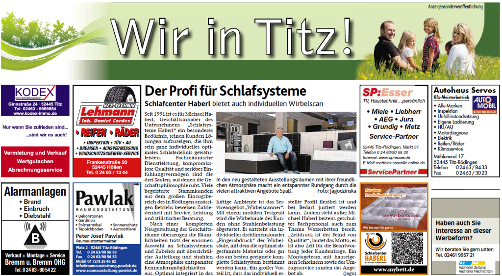 Zeitungsseite: Schlagzeile „Wir in Titz!“, Anzeigen, Artikel über Schlafsysteme, Fotos von Personen und Produkten.