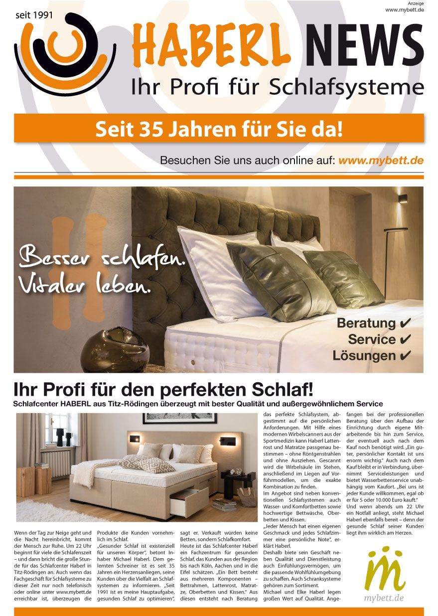 Newsletter für Haberl Schlafsysteme: Enthält Betten, orangefarbene Akzente und Texte, die Schlaflösungen und 35 Jahre Erfahrung bewerben.