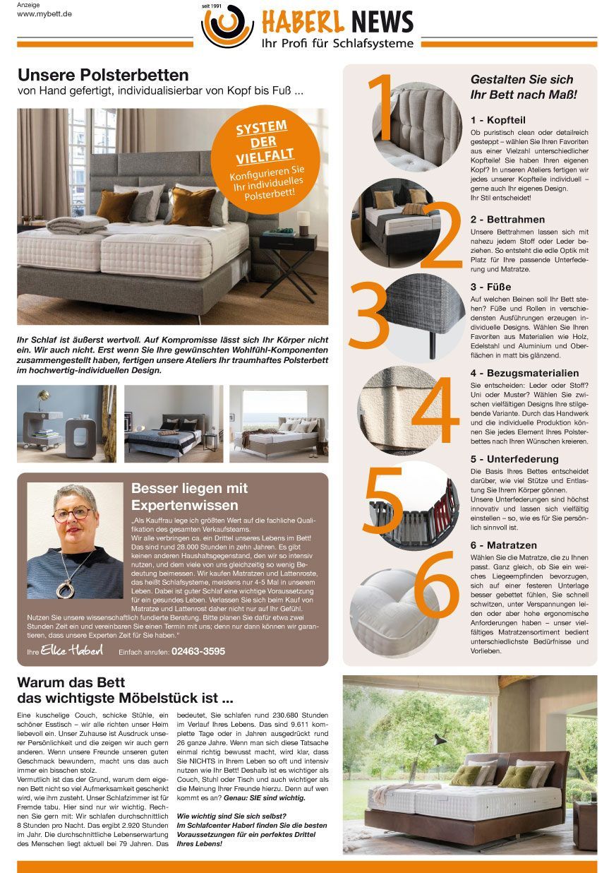 Haberl News: Magazinseite mit einem Bett, Details und einem Artikel.