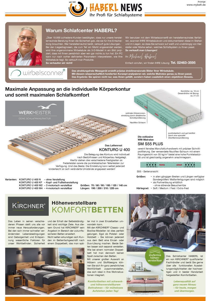 Haberl News: Zeitungsanzeige für Komfortbetten mit einer älteren Frau, Bettgestellen, Matratzen und einem Paar im Bett.