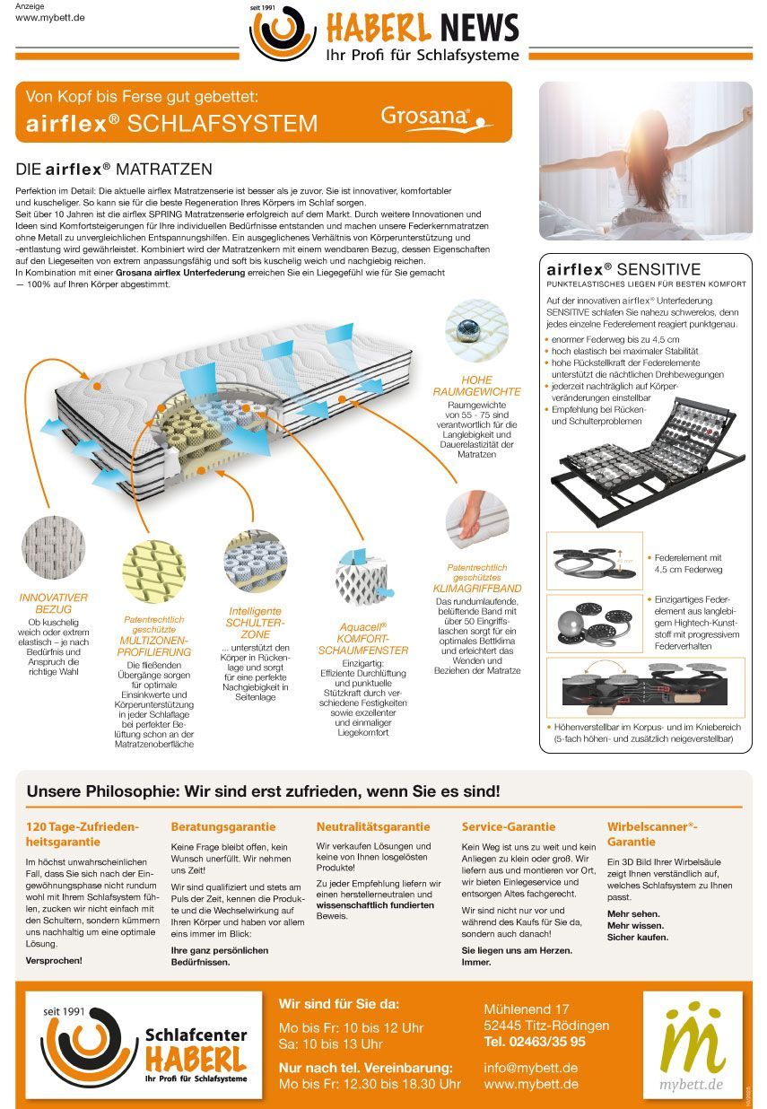 Haberl News: Werbung für ein Bett, die dessen Eigenschaften anhand einer Illustration, eines Diagramms und Produktfotos veranschaulicht.
