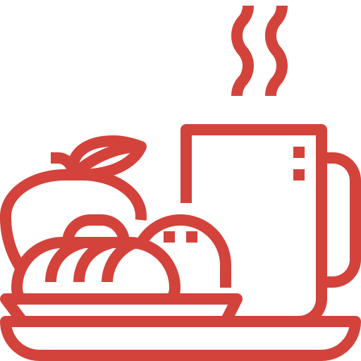 Un icono rojo de una bandeja de comida y una taza de café.
