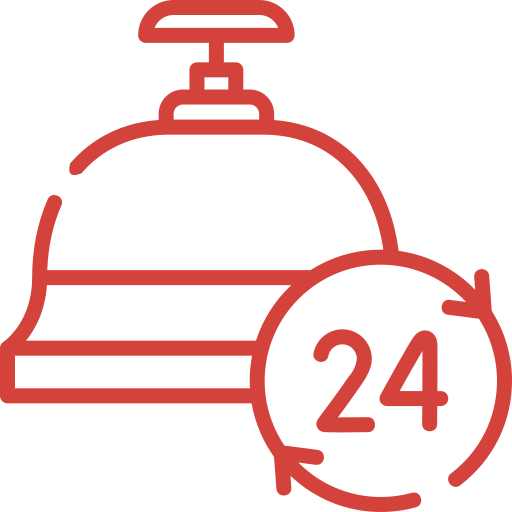 Un icono de línea roja de una campana y un reloj de 24 horas.