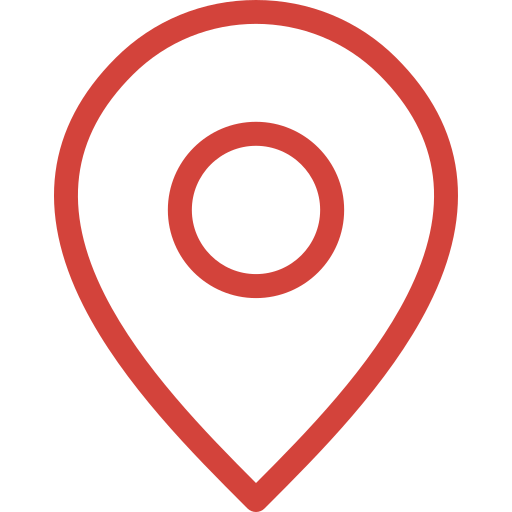 Un pin de mapa rojo con un círculo en el medio sobre un fondo blanco.