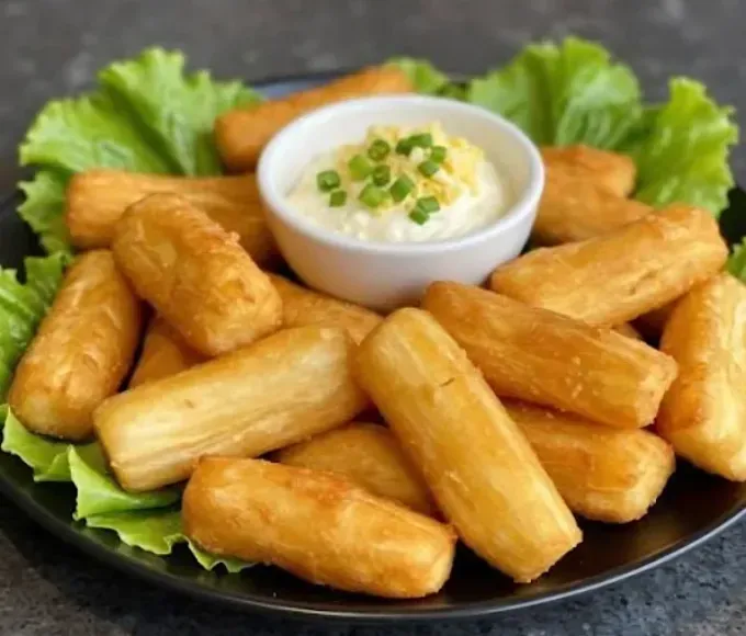 Plato de palitos de yuca fritos dorados con salsa cremosa para mojar y guarnición de lechuga.