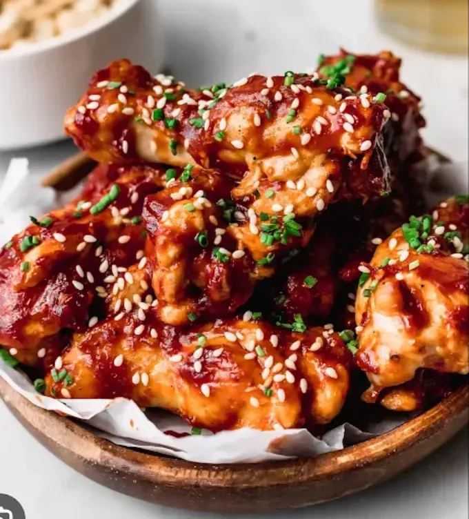Pila de alitas de pollo glaseadas cubiertas con semillas de sésamo y cebollino en un recipiente de madera.