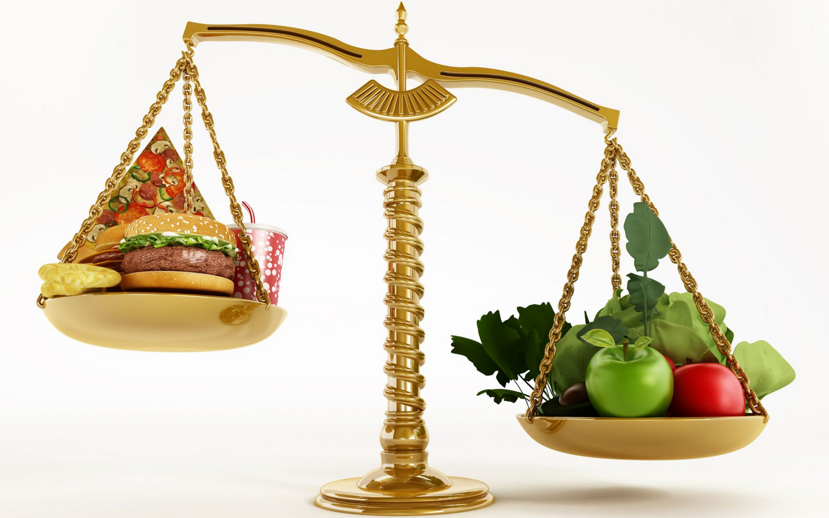 Balance en or équilibrant la restauration rapide et les fruits et légumes.