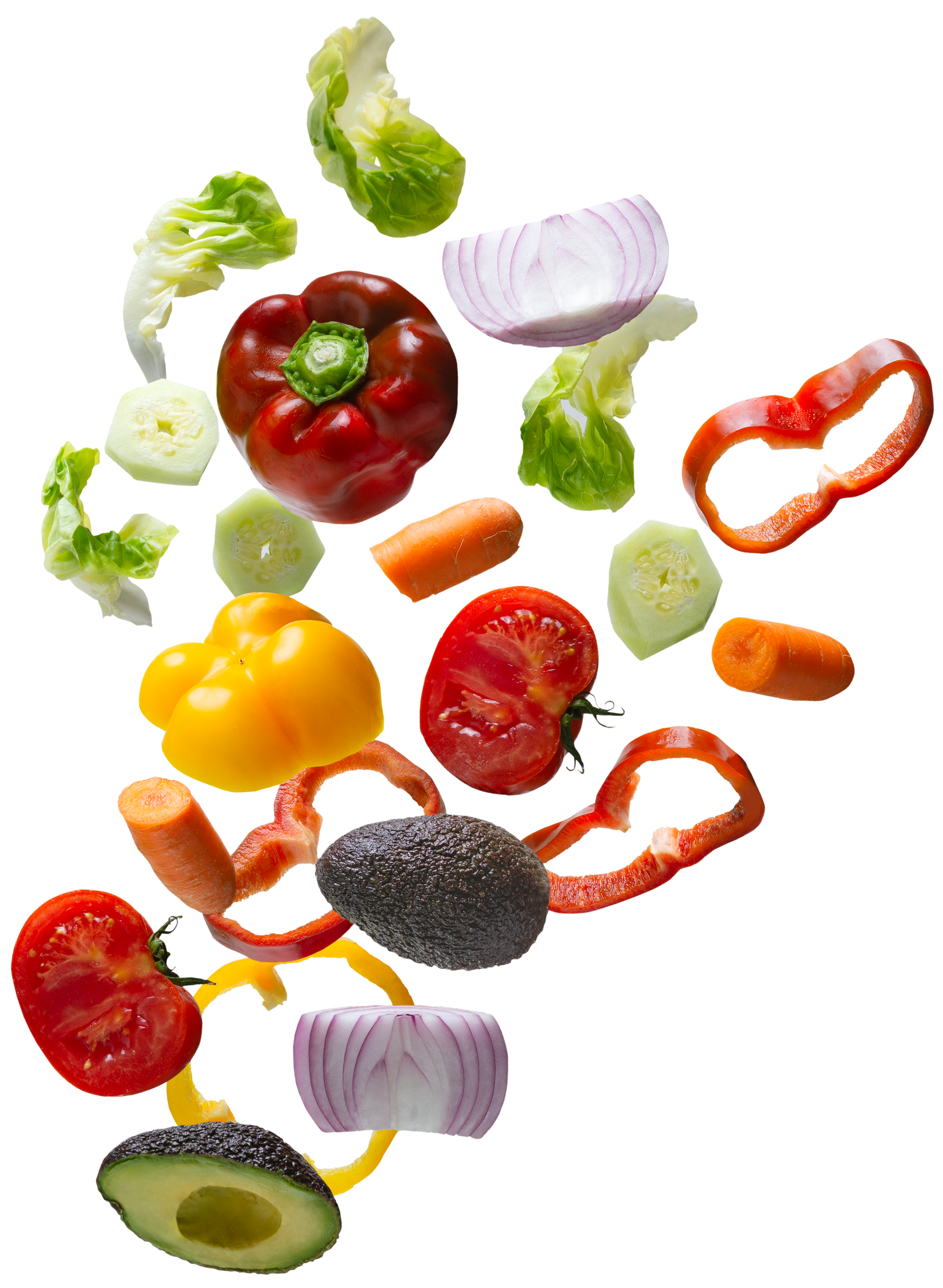 Assortiment de légumes frais, notamment des poivrons, des tomates, de la laitue et de l'avocat.