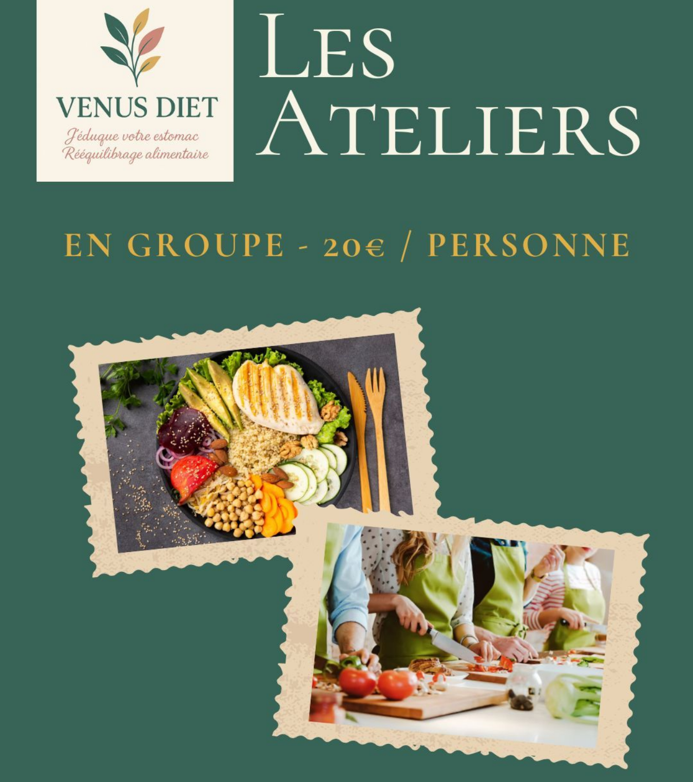 Flyer vert faisant la promotion des ateliers de VÉNUS DIET.