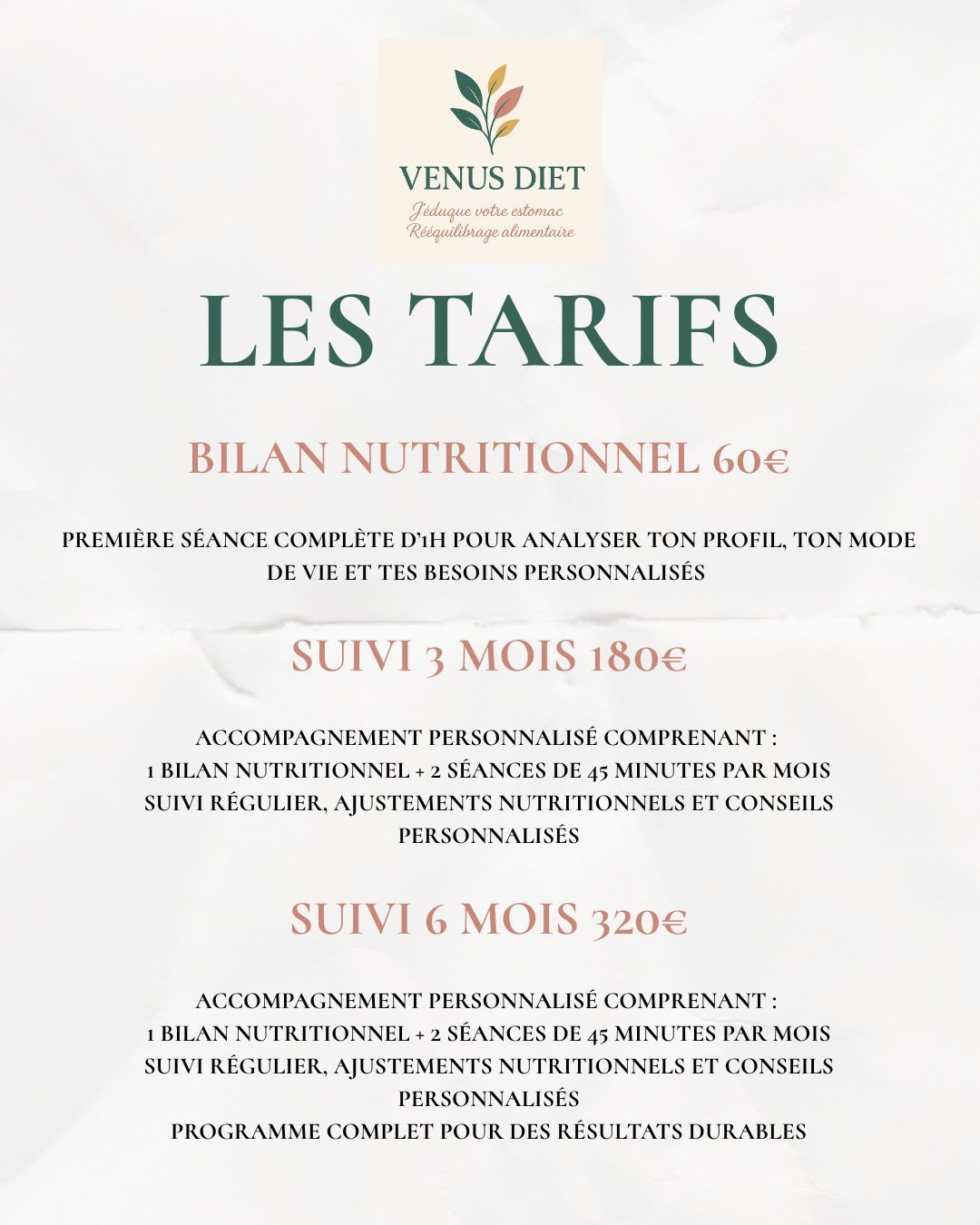 Les tarifs proposés par VÉNUS DIET.