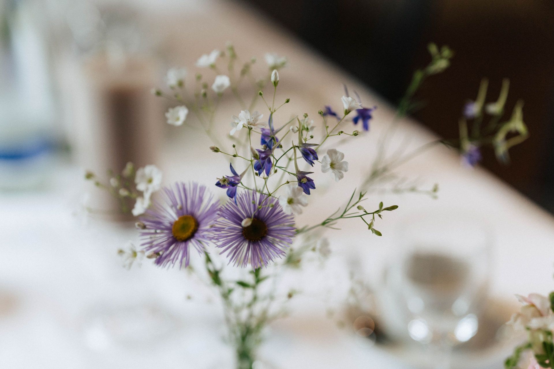 Eine Nahaufnahme von violetten und weißen Blumen in einer Vase auf einem Tisch
