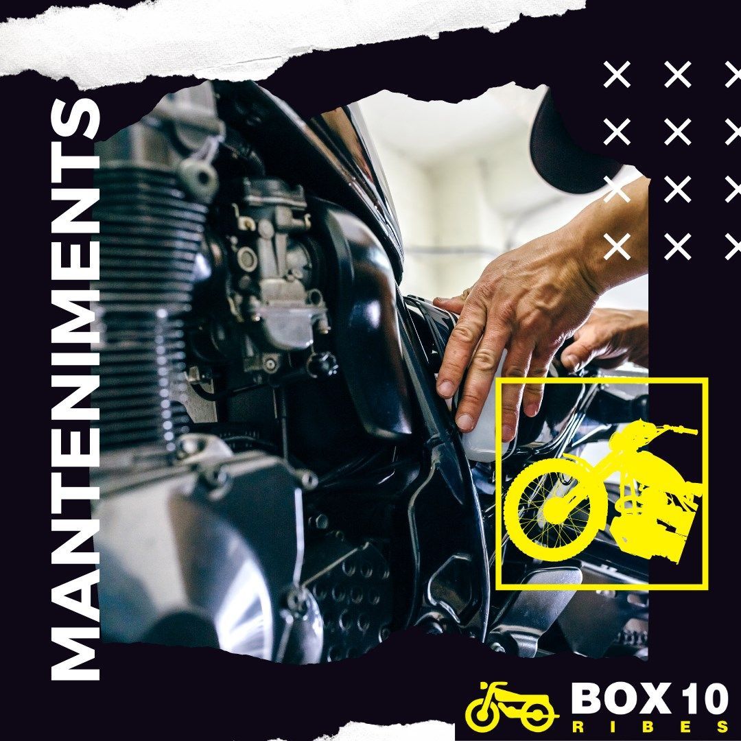 Mecánico trabajando en un motor de motocicleta; texto