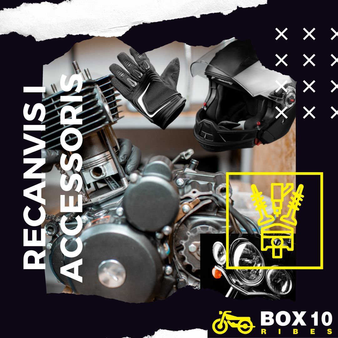 Repuestos para motocicleta, guantes, casco, accesorios. Texto: 