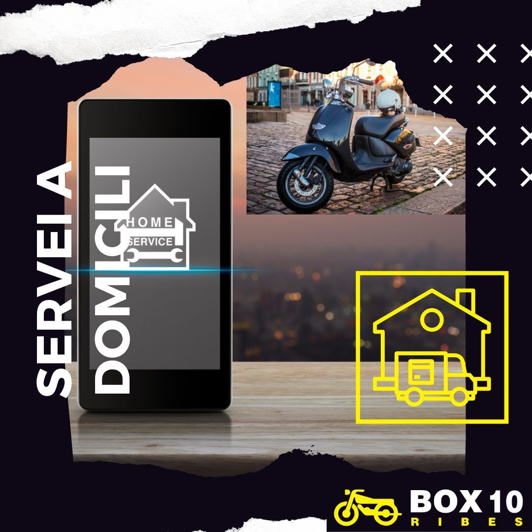 Smartphone con logo de servicio a domicilio y scooter, sugiriendo reparaciones a domicilio y transporte.