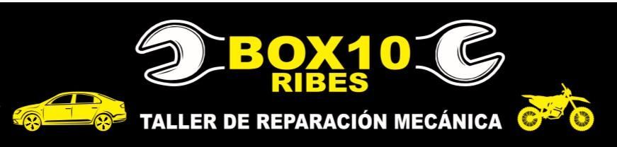Logotipo para el taller mecánico de automóviles "BOX10 RIBES" con una llave inglesa, un coche y una motocicleta, todo en amarillo sobre fondo negro.