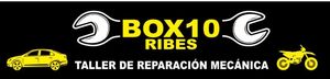 Logotipo para el taller mecánico de automóviles "BOX10 RIBES" con una llave inglesa, un coche y una motocicleta, todo en amarillo sobre fondo negro.