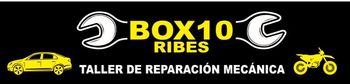 Logotipo para el taller mecánico de automóviles "BOX10 RIBES" con una llave inglesa, un coche y una motocicleta, todo en amarillo sobre fondo negro.