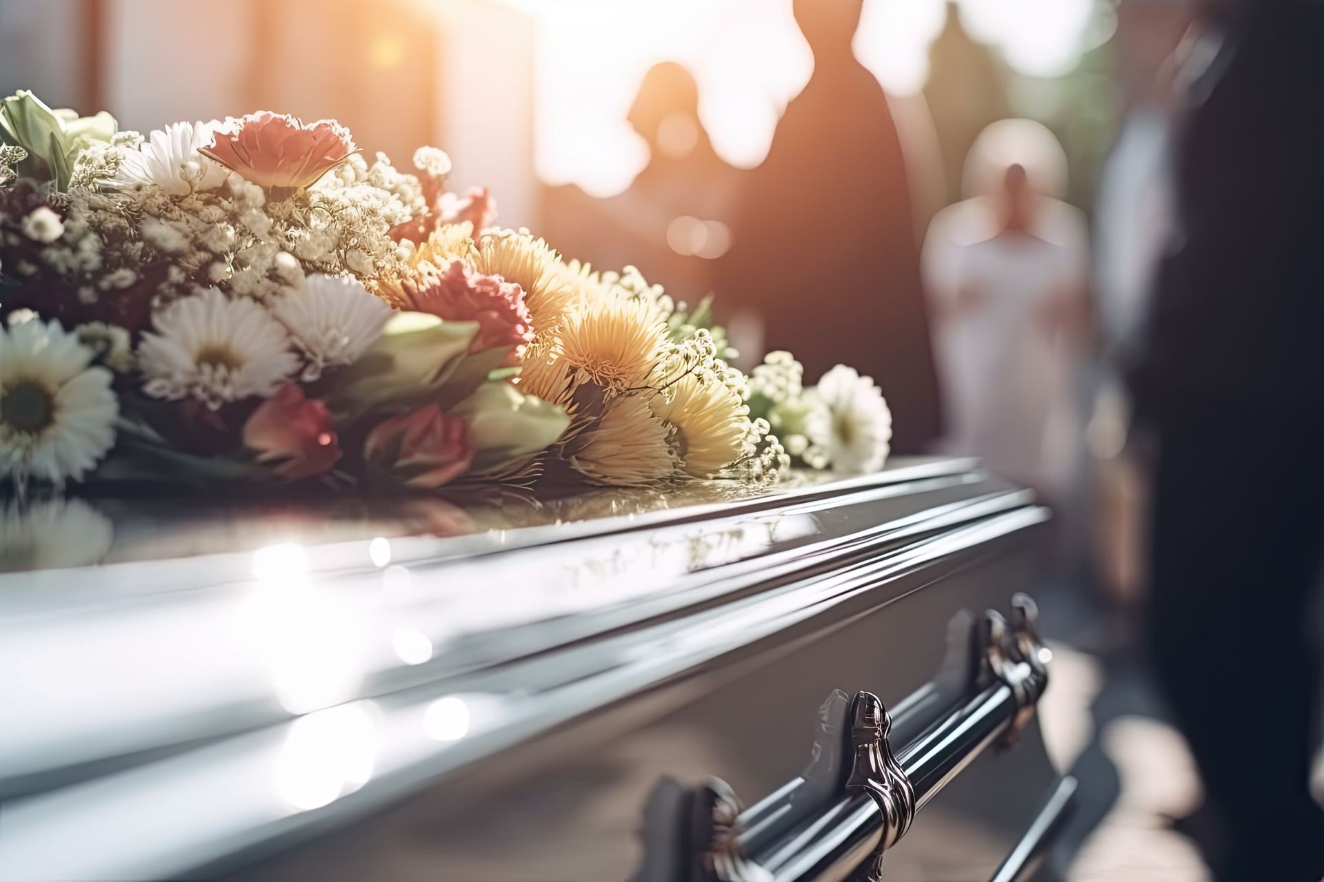 Cercueil foncé avec un bouquet de fleurs