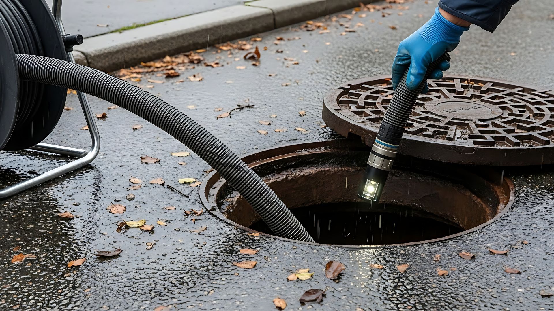 Main gantée de bleu utilisant un appareil, avec un tuyau allant dans une bouche d'égout pluvial sur un trottoir mouillé jonché de feuilles mortes.