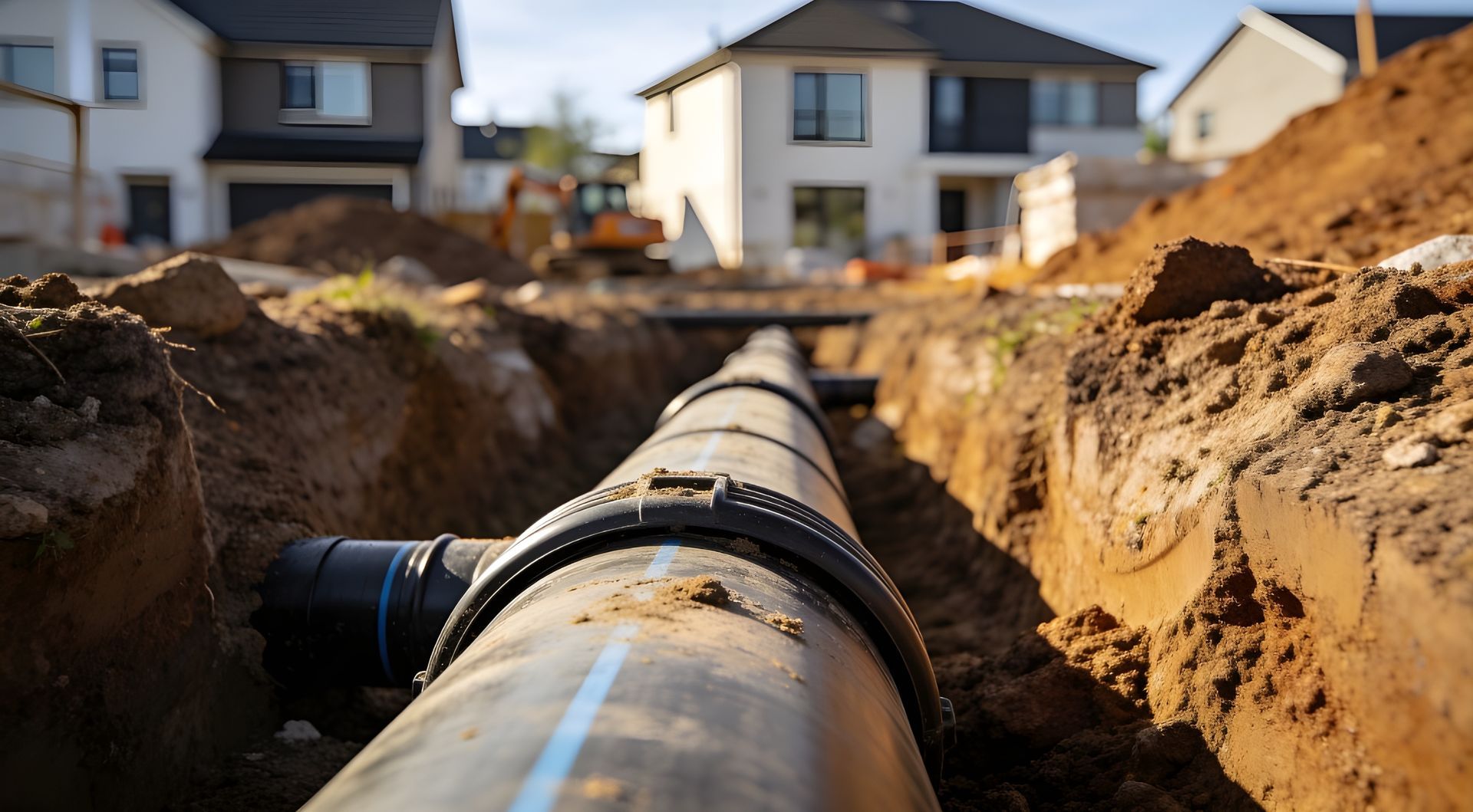 Canalisation souterraine apparente dans une tranchée sur un chantier de construction en banlieue, avec des maisons en arrière-plan.