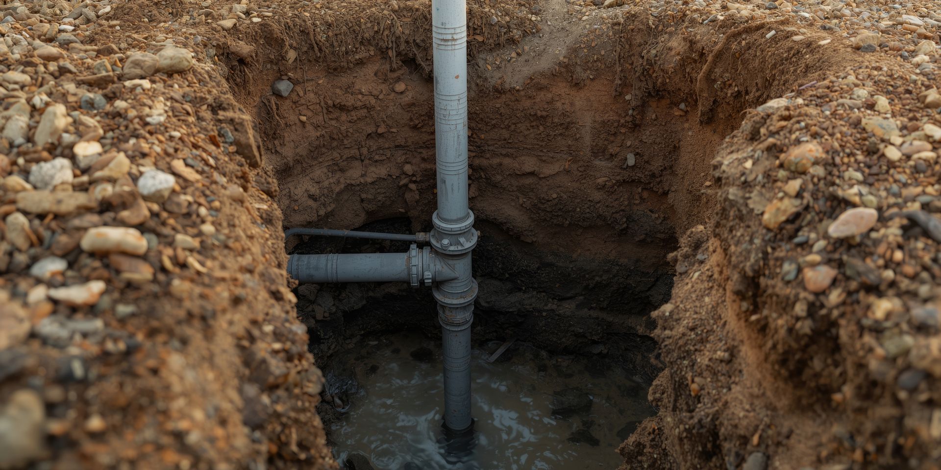 Jonction de conduites d'eau dans une tranchée de terre, avec des conduites grises verticales et horizontales enterrées