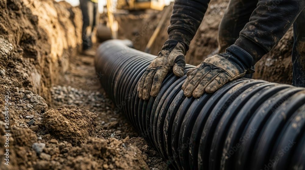 Des mains gantées ajustent un tuyau ondulé noir dans une tranchée boueuse