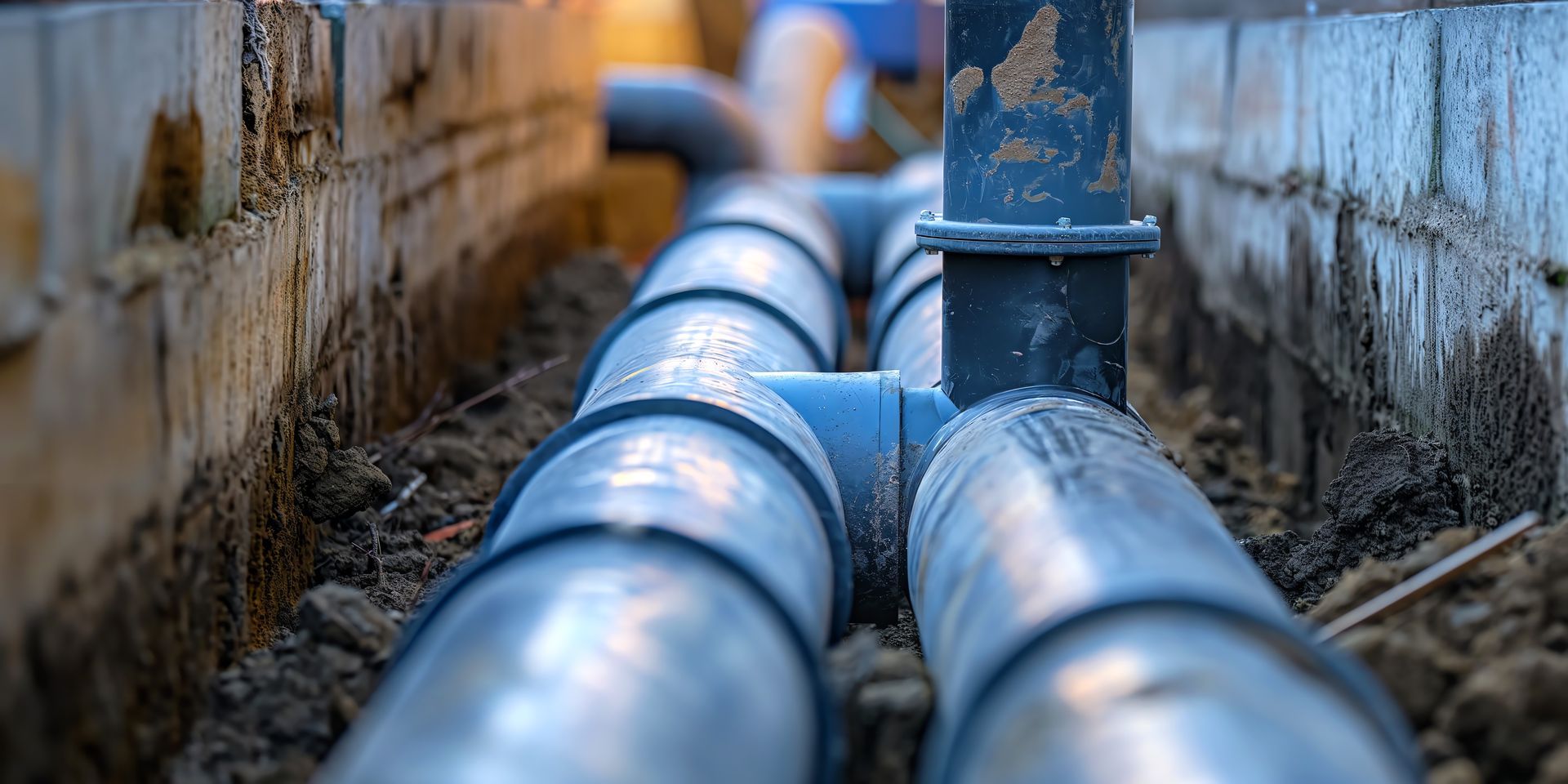 Des tuyaux industriels bleus dans une tranchée étroite aux parois de béton et aux côtés en terre.