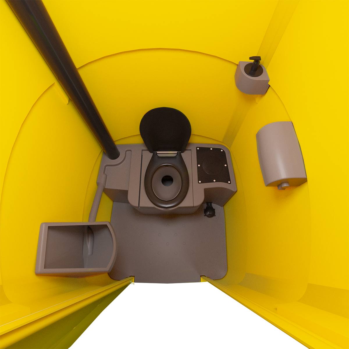 Intérieur de toilettes portables jaunes comprenant des toilettes, un porte-papier toilette et une petite poubelle.