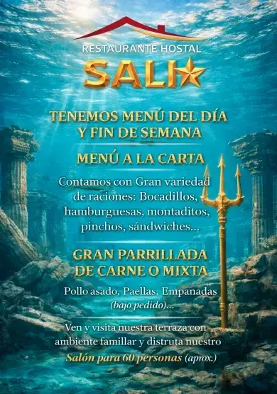 Folleto con el menú de un restaurante de mariscos azul con texto dorado y fondo submarino con tridente, con los platos del menú en español.