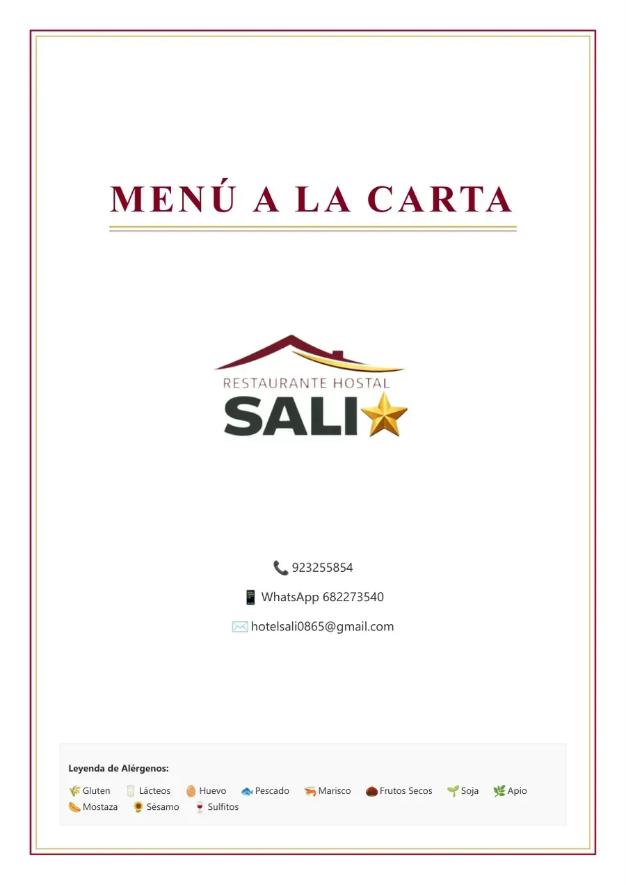 Menú a la carta del restaurante Sali, portada blanca con logo y texto en rojo y dorado.