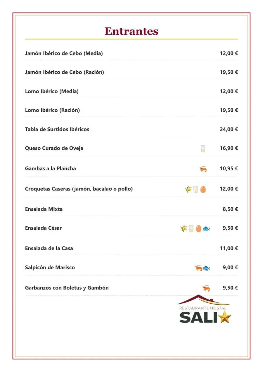 Menu de “Entrantes” en una hoja blanca con borde rojo y logo SALI al pie.