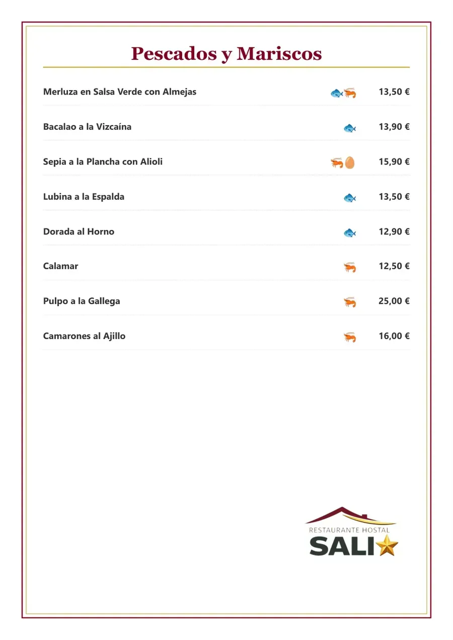 Cartel titulado “Pescados y Mariscos” con una lista de productos del mar y sus precios, además del logotipo de SALI en la parte inferior.