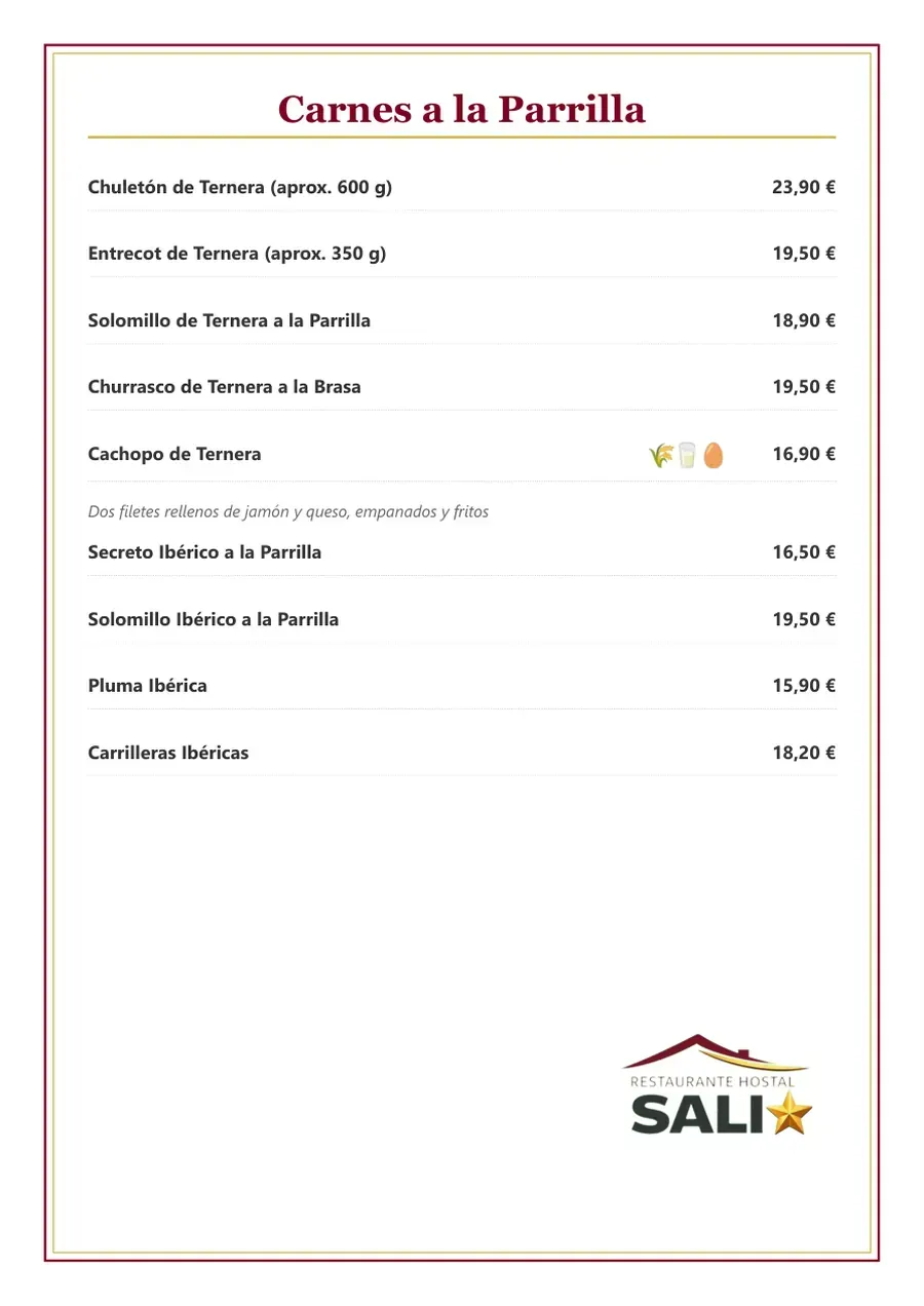Página del menú titulada “Carnes a la Parrilla” con una lista de platos de carne a la parrilla y sus precios.