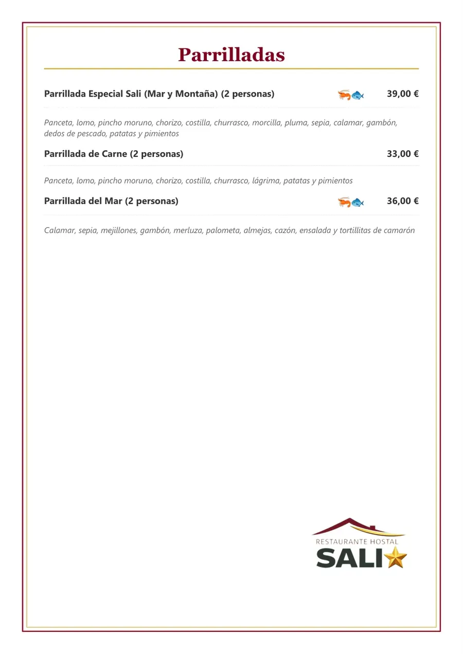 Menú impreso titulado “Parrilladas” con la lista de platos de carne y precios, y el logotipo de SALI en la parte inferior.