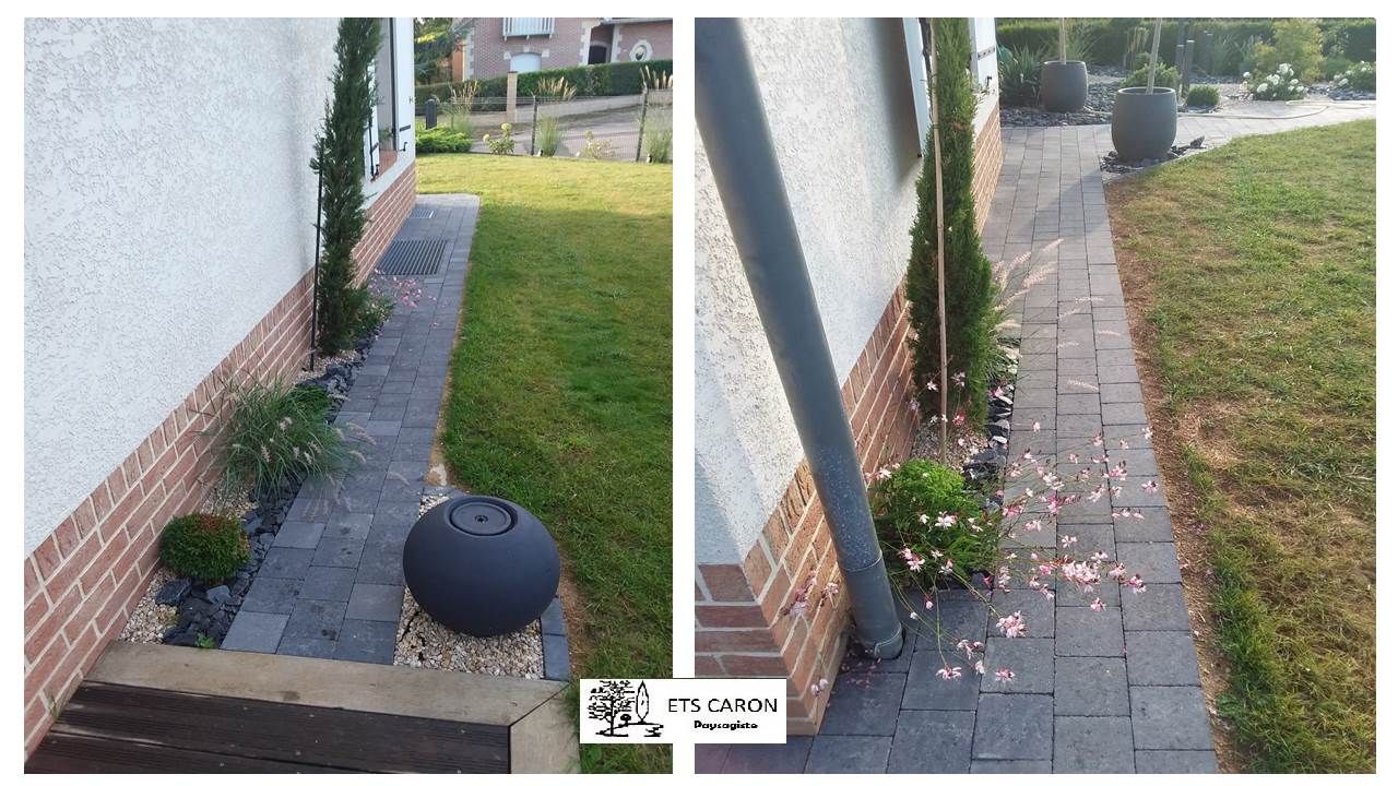 Allée latérale étroite pavée, agrémentée de plantes en pot et d'une pelouse, jouxtant une maison.