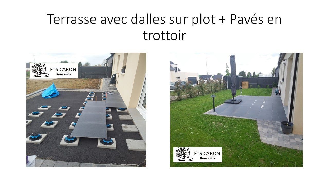 Terrasse avec dalles sur plot et pavés en trottoir, deux exemples de revêtement extérieur.