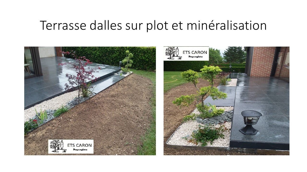 Terrasse avec dalles sur plot et minéralisation, montrant deux aménagements de sol extérieur.
