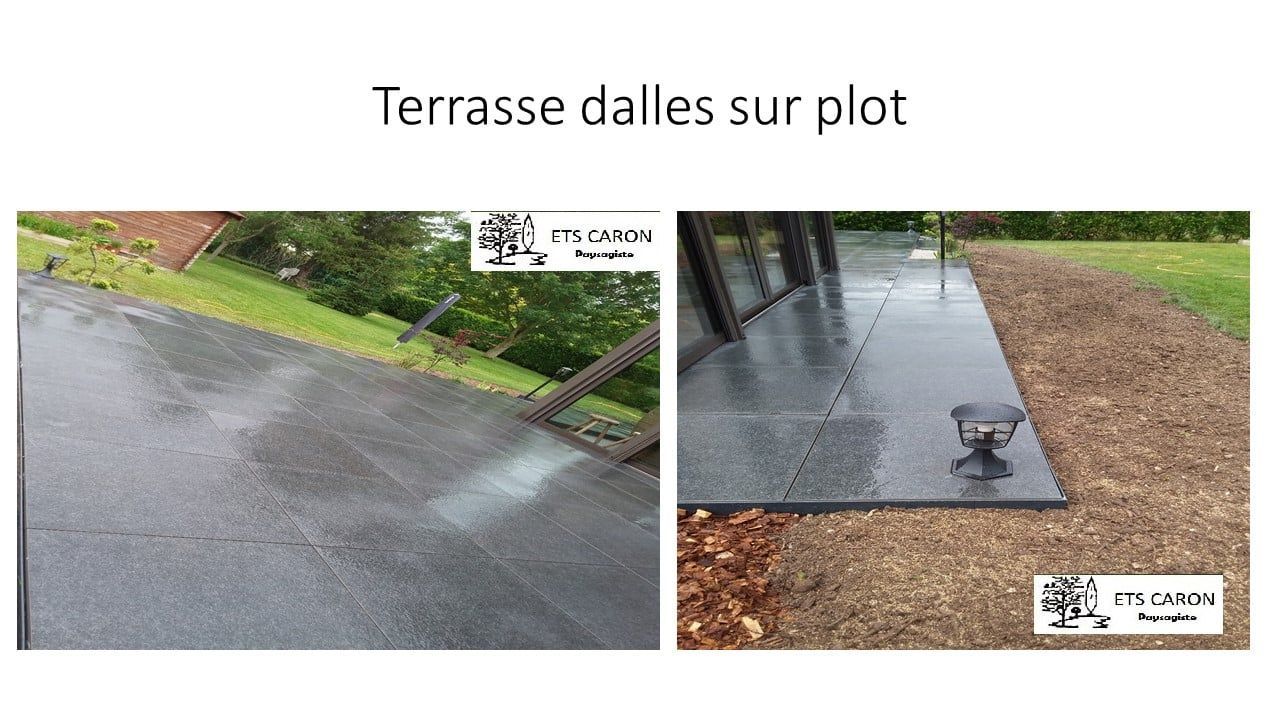 Deux vues d'une terrasse noire et humide sur un terrain en pente, bordée d'herbe verte et de paillis brun.