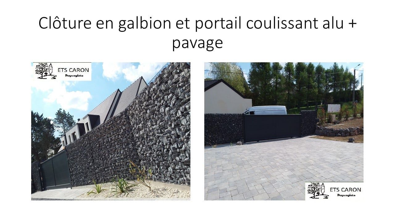 Clôture en gabion et portail coulissant alu noir devant une maison, avec pavage gris, en plein air