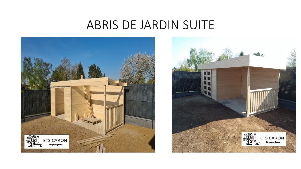 Écran partagé montrant un abri de jardin ou une cabane en bois, avec deux vues extérieures sous un ciel bleu clair.