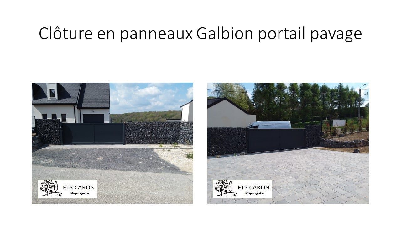 Clôture de jardin en gabion avec portail et pavage, vue avant et après installation