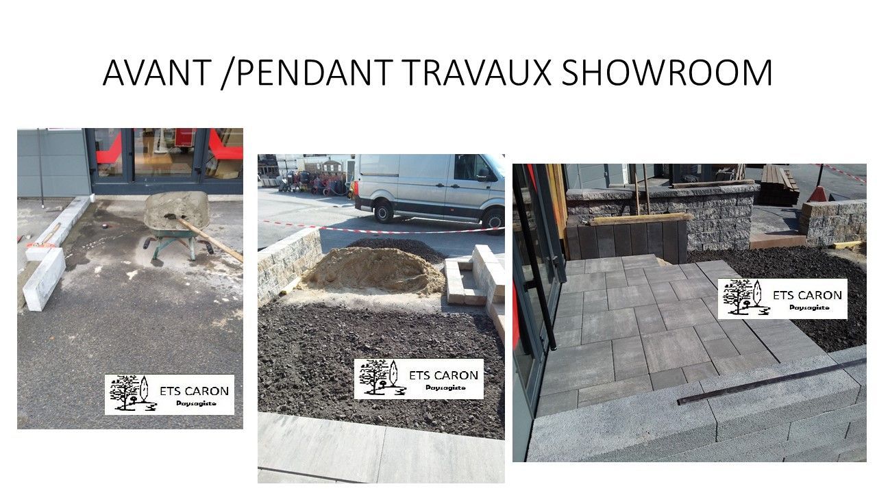 Photos avant, pendant et après travaux de réparation du trottoir d'une salle d'exposition, montrant le remplacement du revêtement endommagé par un nouveau pavage.