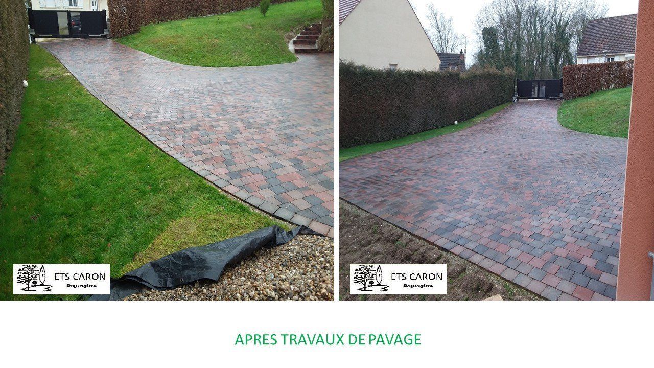 Avant et après travaux : une allée en briques bordée de gazon vert et d'une frise noire.