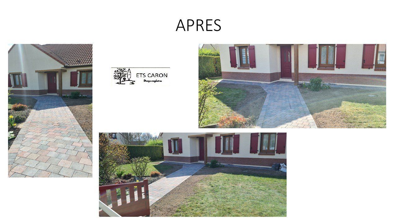 Vue avant/après de l'entrée d'une maison avec une allée en pierre, une pelouse, des volets rouges et un porche.