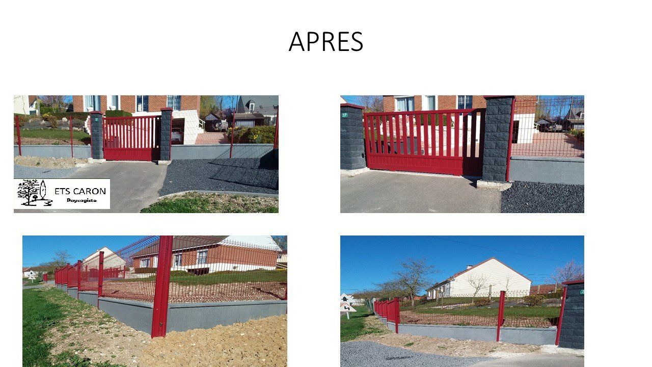 Photos avant et après d'une clôture et d'un portail en métal rouge à une entrée en gravier.